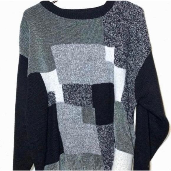 Chrysantheme Black and Gray Long Sleeve Block Print Knit Sweater Size 14/16 - Picture 4 of 11